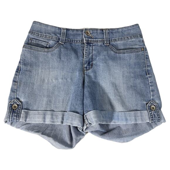 Nine West Pants - Nine West Women Denim Shorts Size 8 Waist 28 Blue Cuffed Stretch Button Detail